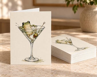 Set di 10, 30 o 50 biglietti d'auguri con rana e illustrazione di un bicchiere da Martini.
