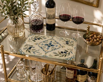Mediterranean Glass Cutting Board, Olive Branch Charcuterie Board, Italian Kitchen Decor, Vintage Tile Glass Serving Board, Hostess Gift