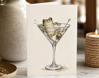 Funny Frog Greeting Card, Frog in a Martini Glass, Cocktail Lover Gift, Blank Watercolor Card
