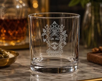 Testa di Moro Uomo Engraved Whiskey Glass, Sicilian Glassware, Italian Heritage Gift