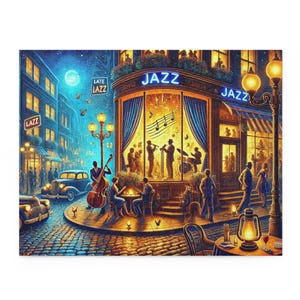 Moonlit Jazz Night Cityscape Jigsaw Puzzle: Romantic 1920s Nightlife, Warm Lights, Music Lovers, and Retro Charm (120, 252, 500-Piece)