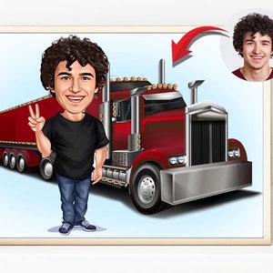 Gepersonaliseerde vrachtwagenchauffeur cartoonportret van foto, grappige karikatuur vrachtwagenchauffeur, aangepast cadeau voor vrachtwagenchauffeur
