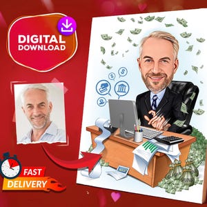 Personalized Boss Cartoon Portrait, Boss Caricature Caricature Drawing From Photo, Funny Money Portrait, Gift For Him