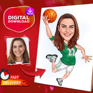 Personalized Womens Basketball Cartoon Portrait, Custom Sports Basketball Caricature Drawing From Photo, Basketball Portrait, Gift For Him