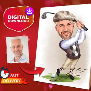 Ritratto di un golfista personalizzato, caricatura di un golfista personalizzata da una foto, ritratto divertente di un golfista, regalo per lui, pronto in 24 ore