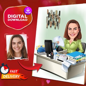 Personalized Office Worker Cartoon Portrait, Female Office Worker Caricature Caricature Drawing From Photo, Funny Coworker Portrait