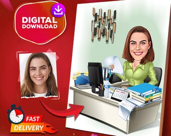 Personalized Office Worker Cartoon Portrait, Female Office Worker Caricature Caricature Drawing From Photo, Funny Coworker Portrait