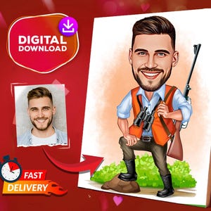 Personalized Hunter Cartoon Portrait, Hunter Caricature Drawing From Photo, Funny Hunting Portrait, Gift For Hunter