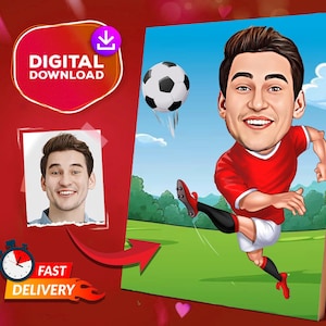 Portrait personnalisé de dessin animé de joueur de football, caricature de football personnalisée dessin à partir d&#39;une photo, portrait de football drôle, cadeau pour lui