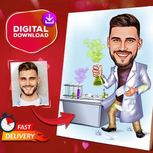 Könnte beinhalten: Eine digitale Karikatur einer Person in einem weißen Laborkittel, die ein Becherglas mit grüner Flüssigkeit hält, aus dem grüner Rauch aufsteigt. Die Person trägt eine Khakihose und befindet sich in einem unordentlichen Labor.