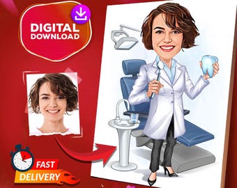 Personalisierte Zahnarzt-Karikaturporträt, kundenspezifische weibliche Zahnarzt-Karikatur-Karikaturzeichnung vom Foto, lustiges Doktorporträt, Geschenk für ihn