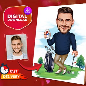 Ritratto di un golfista personalizzato, caricatura di un golfista personalizzata da una foto, ritratto divertente di un golfista, regalo per papà, pronto in 24 ore