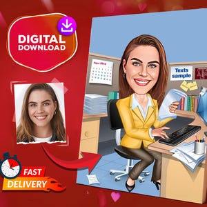 Personalized Office Worker Cartoon Portrait, Female Office Worker Caricature Caricature Drawing From Photo, Funny Coworker Portrait