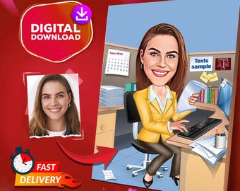 Personalized Office Worker Cartoon Portrait, Female Office Worker Caricature Caricature Drawing From Photo, Funny Coworker Portrait