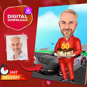 Personalized Sportscar Driver Cartoon Portrait, Custom Race Car Driver Caricature Drawing From Photo, Funny Male Portrait, Gift For Him