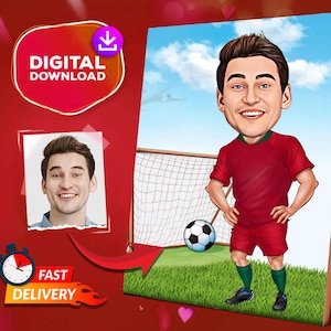 Portrait personnalisé de dessin animé de joueur de football, caricature de football personnalisée dessin à partir d&#39;une photo, portrait de football drôle, cadeau pour lui