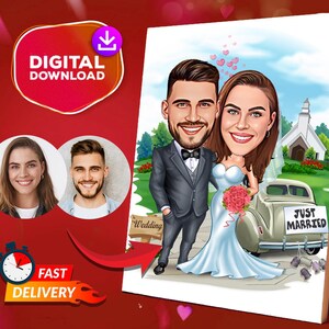 Personalized Wedding Couple Cartoon Portrait, Mr & Mrs Marriage Caricature Drawing From Photo, Funny Couple Caricature, Gift For Couple