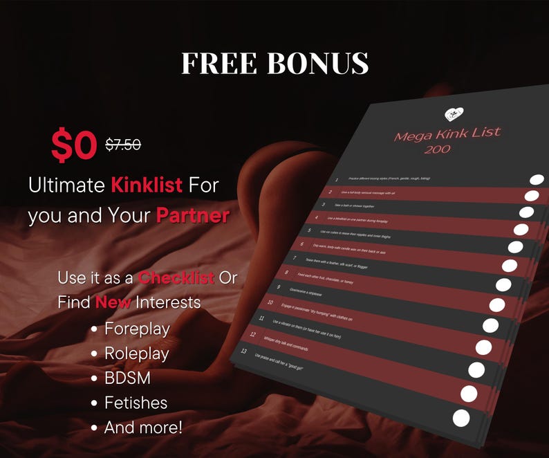 May include: A promotional image with the text "FREE BONUS" and "$0". It advertises an "Ultimate Kinklist For you and Your Partner" with options like foreplay, roleplay, and BDSM. A list titled "Mega Kink List 200" is also visible.