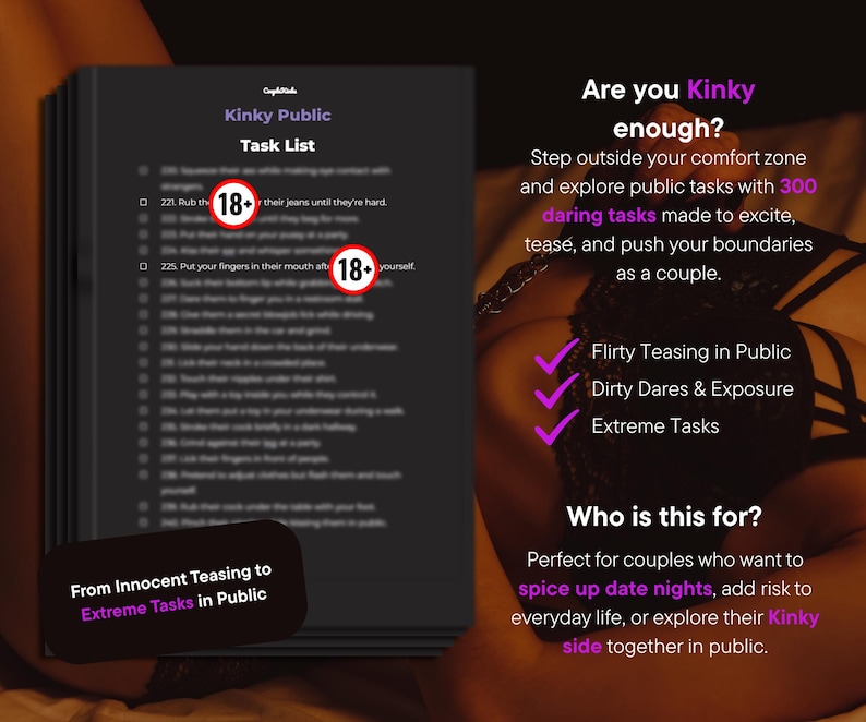 May include: A dark image featuring a task list titled "Kinky Public." The list includes various tasks, with "18+" symbols. Text on the right side asks "Are you Kinky enough?" and lists "Flirty Teasing in Public," "Dirty Dares & Exposure," and "Extreme Tasks."