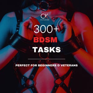 May include: Image showing black leather restraints, including wrist cuffs, and a harness. The text reads "300+ BDSM TASKS" with the brand name "COUPLEKINKS". The background is a gradient of red and blue.