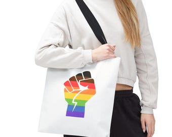 Empowering LGBTQ+ Pride Tote Bag, Reusable Shopping Bag, Activism Gift, Rainbow Fist Design, Eco-friendly Tote