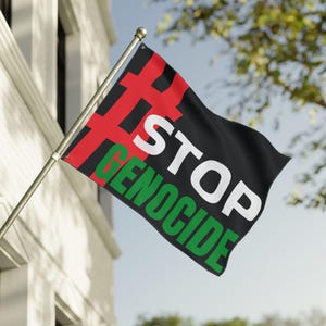 Puede incluir: Una bandera negra con las palabras "STOP GENOCIDE" en blanco y verde. La bandera también presenta un diseño rojo y negro en la esquina superior izquierda. Está sujeta a un mástil plateado y ondea al viento.