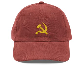 ソビエト連邦のハンマーと鎌の刺繍入りコーデュロイキャップ - ヴィンテージ共産主義帽子、レトロなロシア刺繍キャップ、政党指導者の帽子、