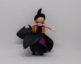 Waldorf Witch, Halloween Flower Fairy Doll - Black Flower fairy - red headed -  Black and purple Rose