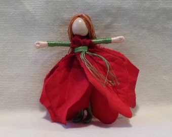 Christmas Fairy - Red, green Poinsettia Art Doll, bendy doll, ornament, worry doll