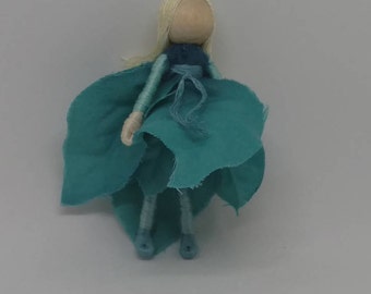 Christmas Elf - Teal Poinsettia Art Doll, bendy doll, ornament, worry doll