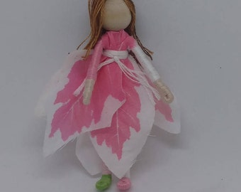 Christmas Elf - Pink and White Poinsettia Art Doll, bendy doll, ornament, worry doll - green shoe