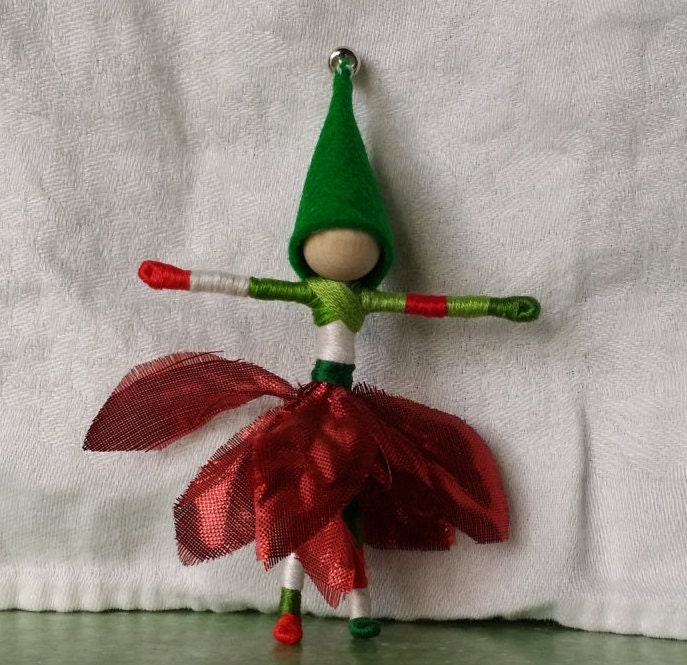 Waldorf Christmas Fairy - Christmas Elf - Poinsettia Art Doll, bendy doll, ornament, worry doll