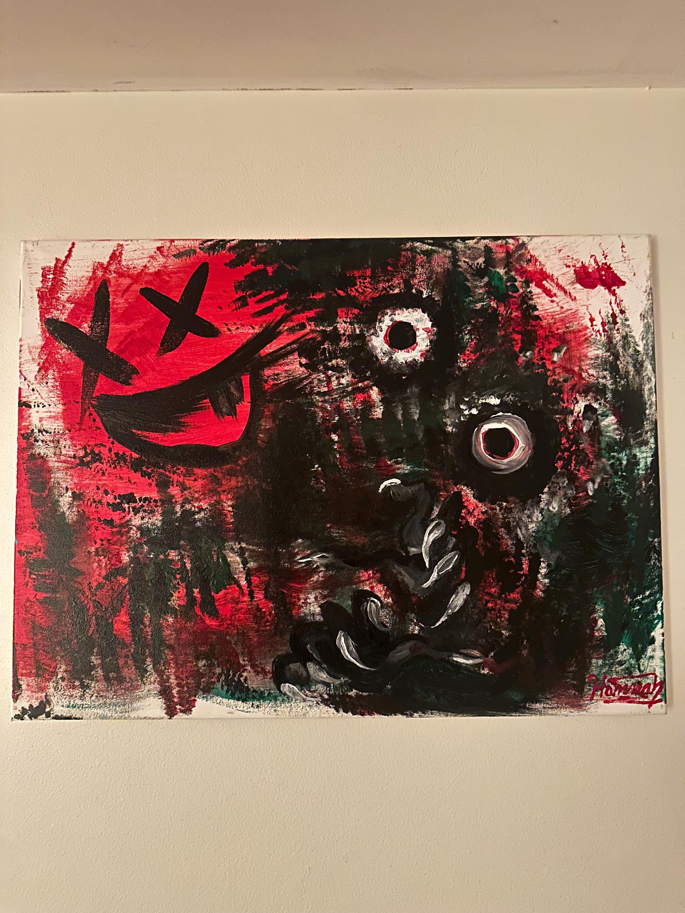 Acrylic Painting, Painting, Bedroom art, Monster, Street Art, Evil, Smile, X eyes, Red, Green, Black, Witchy hands, hands, reaching