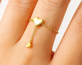 Dainty Sterling Silver Heart Dangle Ring - 18k Gold Plated