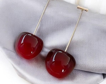 Red Cherry Dangle Earrings, Glossy Enamel Fruit Jewelry, Summer Minimalist Style