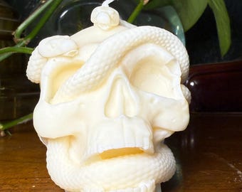 Skull Candle with Snake: Gothic Halloween Decor, Hand-Poured Jade Scent