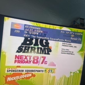 Peut inclure: Un écran de télévision affichant une publicité Nickelodeon pour "The SpongeBob SquarePants Movie". Le graphisme présente les mots "BIG SHRIMP" et "NEXT FRIDAY 8/7c" en texte coloré. Le logo Nickelodeon est visible.