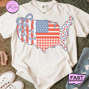 Comfort Colors® America Map Shirt, 4th Of July Shirt, America Shirt, Floral USA Coquette, Independence Day, USA Flag Shirt