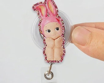 Sonny Angel Bunny Badge Reel, Glitter Acryl Ausweishalter, Kawaii Nurse Badge Clip