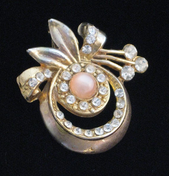 Vintage Pink Moonstone and Rhinestone Pin - image 2