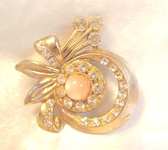 Vintage Pink Moonstone and Rhinestone Pin - image 1