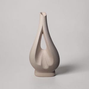 Op de afbeelding: Een lichtbeige vaas met een getextureerde, matte afwerking. De vaas heeft een hoge, slanke hals en een druppelvormig lichaam met een centrale opening. De platte, ronde voet ondersteunt de organische, gebogen structuur van het object.