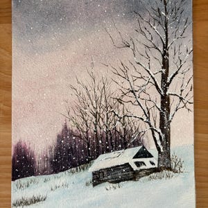 8&quot; x 6&quot;  Winter Landscape Original Watercolor Painting Handmade art wall decor