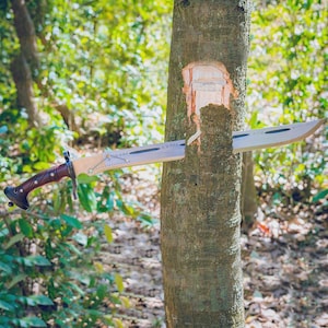 21 Inches Sharpened Survival Custom Machete Knife- 5160 Carbon Steel Blade, Rosewood Handle- Viking Gift for Him | Unique Shape Handle.