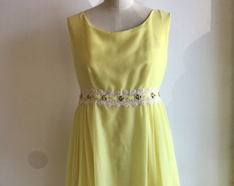 1960s yellow maxi dress bridesmaid  empire Bridgerton sheer flower trim