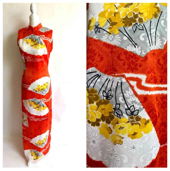 Vintage Hawaiian Hostess Dress Mandarin Fan Print