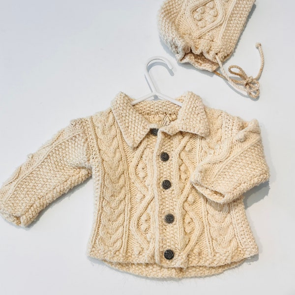 Hand made children Fair Isle Sweater set toddler bonnet hand made chunky Irish Icelandic Pom Pom
