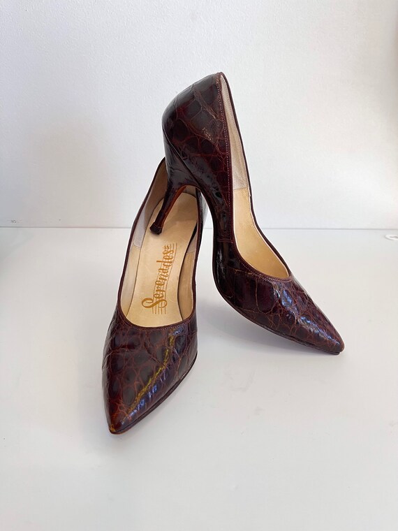 Vintage Stiletto Alligator Mad Men 50s 60s Heels Brown Pumps