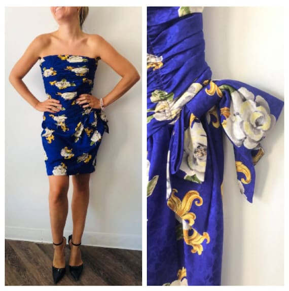 Vintage 1980s Strapless Cocktail Dress Blue floral