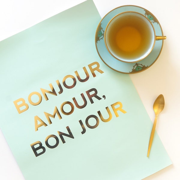 Goud afdrukken Poster Bon Jour Amour - Frans goud folie afdrukken